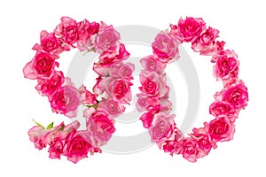 Number 90 made from pink roses on a white isolated background. Element for decoration. Anniversary, holiday