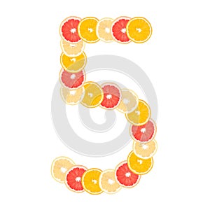 The number `5` made from sliced citrus fruits. Oranges, grapefruit. Isolated on white background