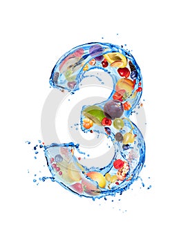 Number 3 made of water splashes with fruits and berries, isolated on a white background