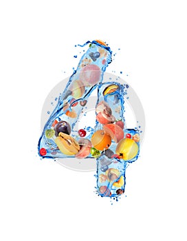 Number 4 made of water splashes with fruits and berries, isolated on a white background