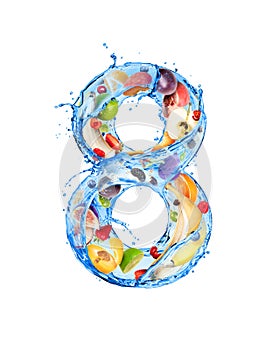 Number 8 made of water splashes with fruits and berries, isolated on a white background