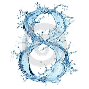 Number 8 made from water splashes. Spectacular number Eight and splash of clear water. Digital close-up on white photo