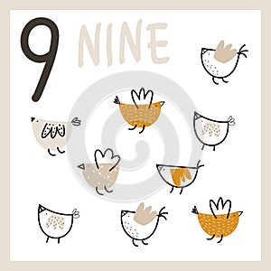 Number nine. 9. Cute hand drawn birds. Vector card for kids with numbers for teaching children to count and learn