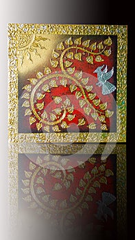 Number nine bodhi tree thai style with sun, bird and gold silver frame.