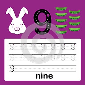Number nine, card for kids learning to count and to write, worksheet for kids to practice writing skill, Vector illustration