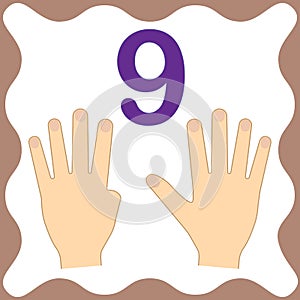 Number 9 nine, educational card,learning counting with fingers photo