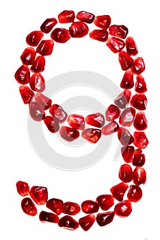 The number nine pomegranate seeds isolated on white background.