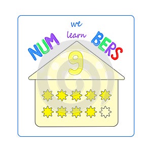 number nine table for junior high school and preschool, learning numbers - card in the form of a house for learning the number 9,