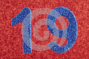 Number nineteen blue color over a red background. Anniversary.