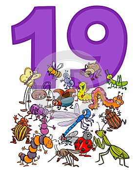 Number nineteen and cartoon insects group