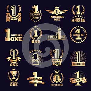 Number one banners. Victory business achievement award symbols vector labels set