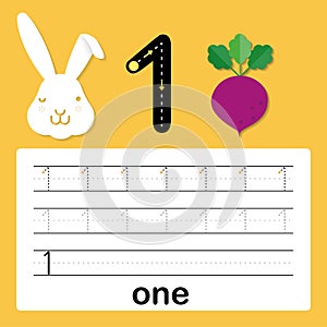 Number one, card for kids learning to count and to write, worksheet for kids to practice writing skill, Vector illustration