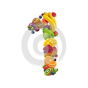 Number one made of different fruits and berries, fruit alphabet isolated on white background