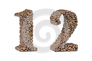 Number 1 one and number 2 two from coffee bean isoilated on white. Coffee alphabet font