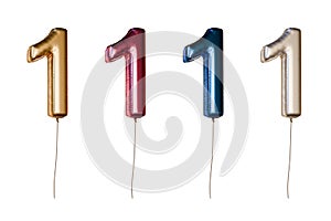 Number one shaped foil balloons in different colors. Isolated on white background. 3D rendered illustration