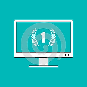 Number one surrounded by laurel wreaths on computer monitor illustration