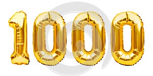 Number 1000 one thousand made of golden inflatable balloons isolated on white. Helium balloons, gold foil numbers. Party