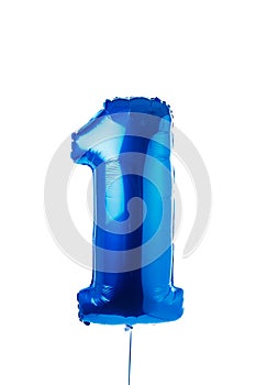 number one year blue balloon, first birthday, isolated on white