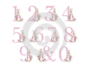 Number pink with watercolor cute rabbit with flowers