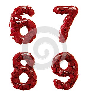 Number plastic set 6, 7, 8, 9 made of 3d render plastic shards red color.