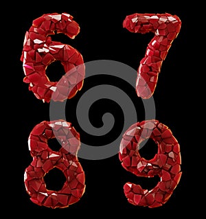 Number plastic set 6, 7, 8, 9 made of 3d render plastic shards red color.