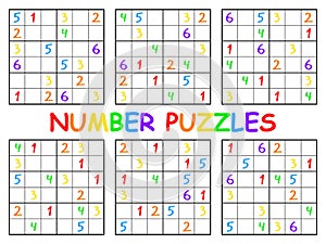 Number puzzles - six sudoku set vector illustration