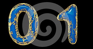 Number set 0, 1 made of realistic 3d render golden shining metallic. Collection of gold shining metallic with blue color