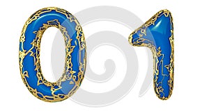 Number set 0, 1 made of realistic 3d render golden shining metallic. Collection of gold shining metallic with blue color