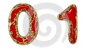 Number set 0, 1 made of realistic 3d render golden shining metallic. Collection of gold shining metallic with red color