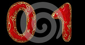 Number set 0, 1 made of realistic 3d render golden shining metallic. Collection of gold shining metallic with red color