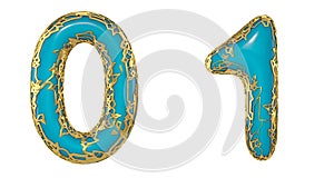 Number set 0, 1 made of realistic 3d render golden shining metallic. Collection of gold shining metallic with turquoise