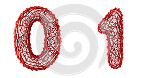 Number set 0, 1 made of red plastic 3d rendering