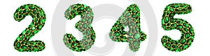 Number set 2, 3, 4, 5 made of 3d render diamond shards green color.