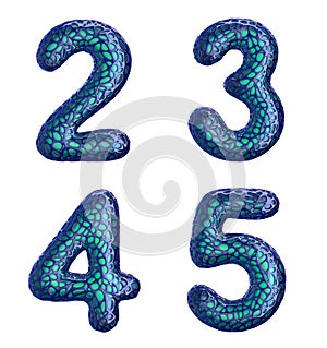 Number set 2, 3, 4, 5 made of blue plastic 3d rendering