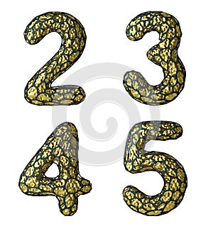 Number set 2, 3, 4, 5 made of realistic 3d render golden shining metallic.