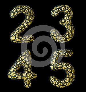 Number set 2, 3, 4, 5 made of realistic 3d render golden shining metallic.