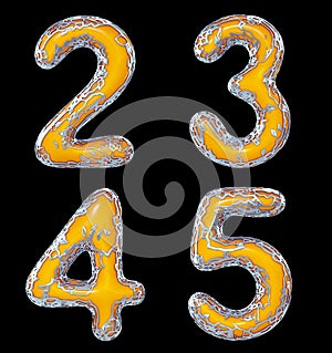Number set 2, 3, 4, 5 made of realistic 3d render golden shining metallic. Collection of gold shining metallic with