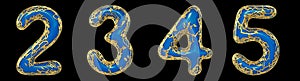 Number set 2, 3, 4, 5 made of realistic 3d render golden shining metallic. Collection of gold shining metallic with blue