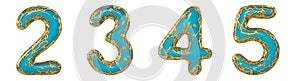 Number set 2, 3, 4, 5 made of realistic 3d render golden shining metallic. Collection of gold shining metallic with blue