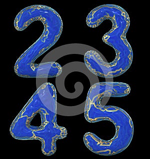 Number set 2, 3, 4, 5 made of realistic 3d render golden shining metallic. Collection of gold shining metallic with blue