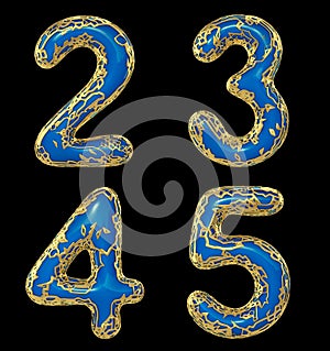 Number set 2, 3, 4, 5 made of realistic 3d render golden shining metallic. Collection of gold shining metallic with blue