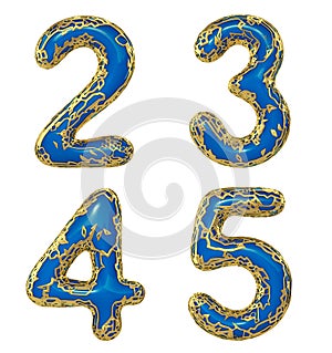 Number set 2, 3, 4, 5 made of realistic 3d render golden shining metallic. Collection of gold shining metallic with blue