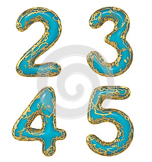 Number set 2, 3, 4, 5 made of realistic 3d render golden shining metallic. Collection of gold shining metallic with blue