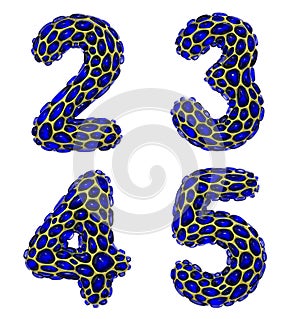 Number set 2, 3, 4, 5 made of realistic 3d render golden shining metallic. Collection of gold shining metallic with blue