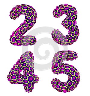 Number set 2, 3, 4, 5 made of realistic 3d render golden shining metallic. Collection of gold shining metallic with pink