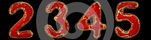 Number set 2, 3, 4, 5 made of realistic 3d render golden shining metallic. Collection of gold shining metallic with red