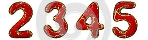 Number set 2, 3, 4, 5 made of realistic 3d render golden shining metallic. Collection of gold shining metallic with red