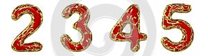 Number set 2, 3, 4, 5 made of realistic 3d render golden shining metallic. Collection of gold shining metallic with red
