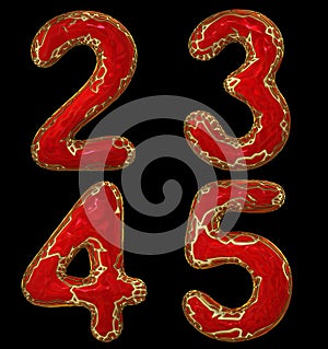 Number set 2, 3, 4, 5 made of realistic 3d render golden shining metallic. Collection of gold shining metallic with red