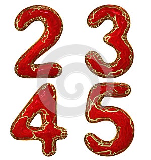 Number set 2, 3, 4, 5 made of realistic 3d render golden shining metallic. Collection of gold shining metallic with red